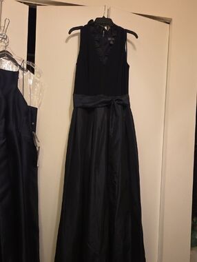 Jessica Howard Navy Ruffled V-Neck Maxi Gown with Satin Waist Tie